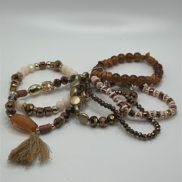 Brown boho sparkling stretchy bracelets lot of 6 - Picture 1 of 5